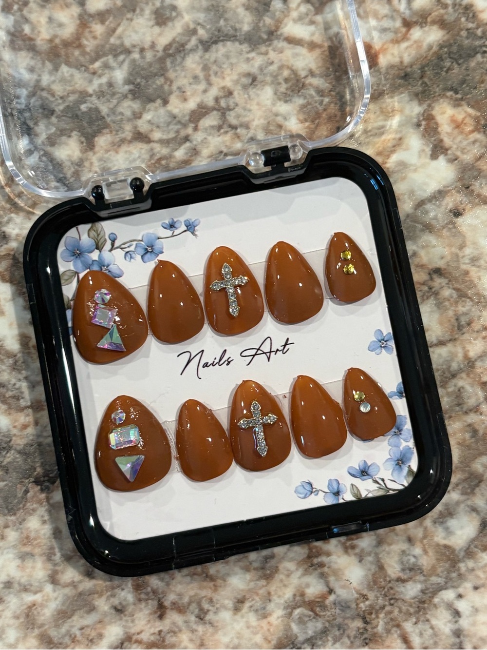 Brown Rhinestone Cross Press-On Nail Set